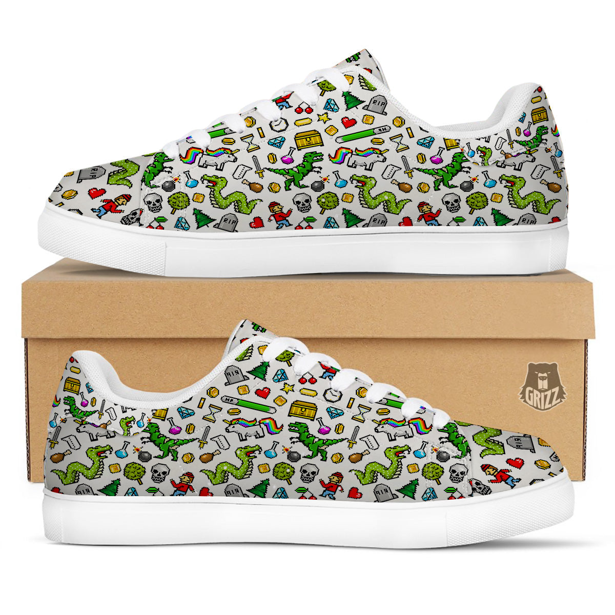 Pixel Art 8 Bit Retro Cartoon Print Pattern White Low Top Sneakers-grizzshop