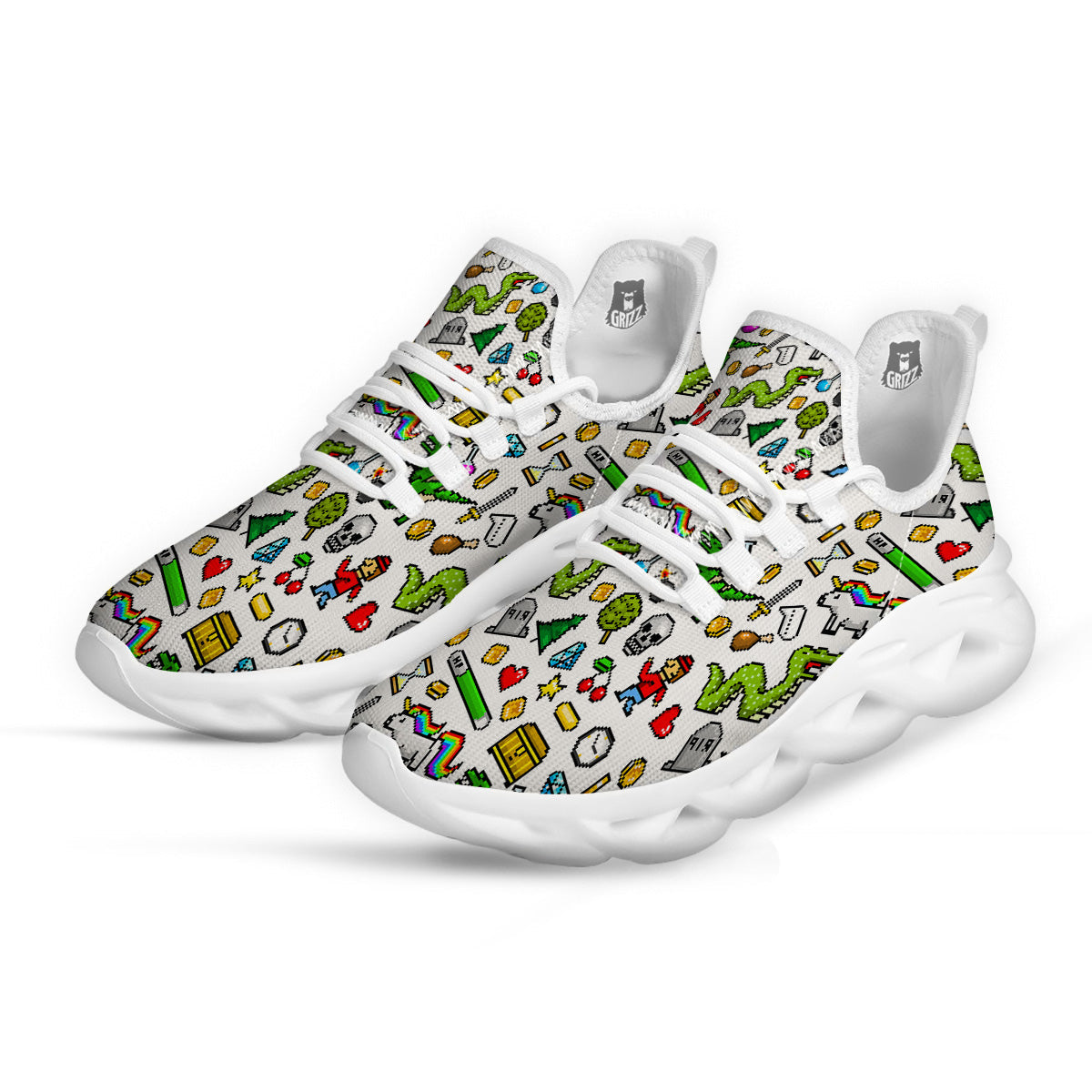 Pixel Art 8 Bit Retro Cartoon Print Pattern White Running Shoes-grizzshop