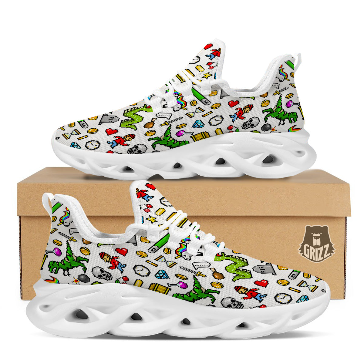 Pixel Art 8 Bit Retro Cartoon Print Pattern White Running Shoes-grizzshop