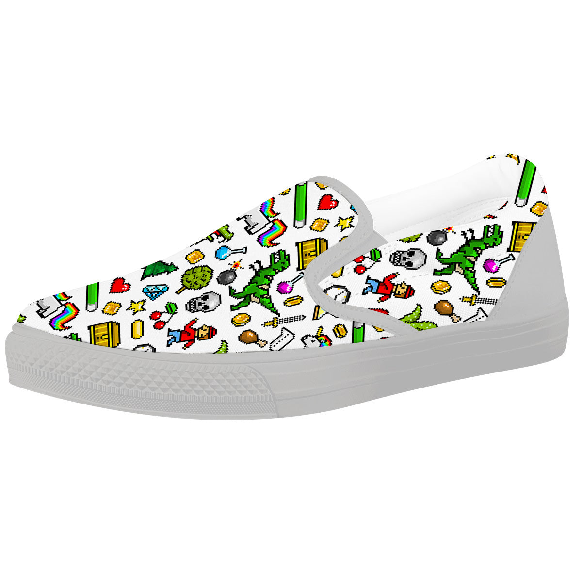 Pixel Art 8 Bit Retro Cartoon Print Pattern White Slip On Shoes-grizzshop
