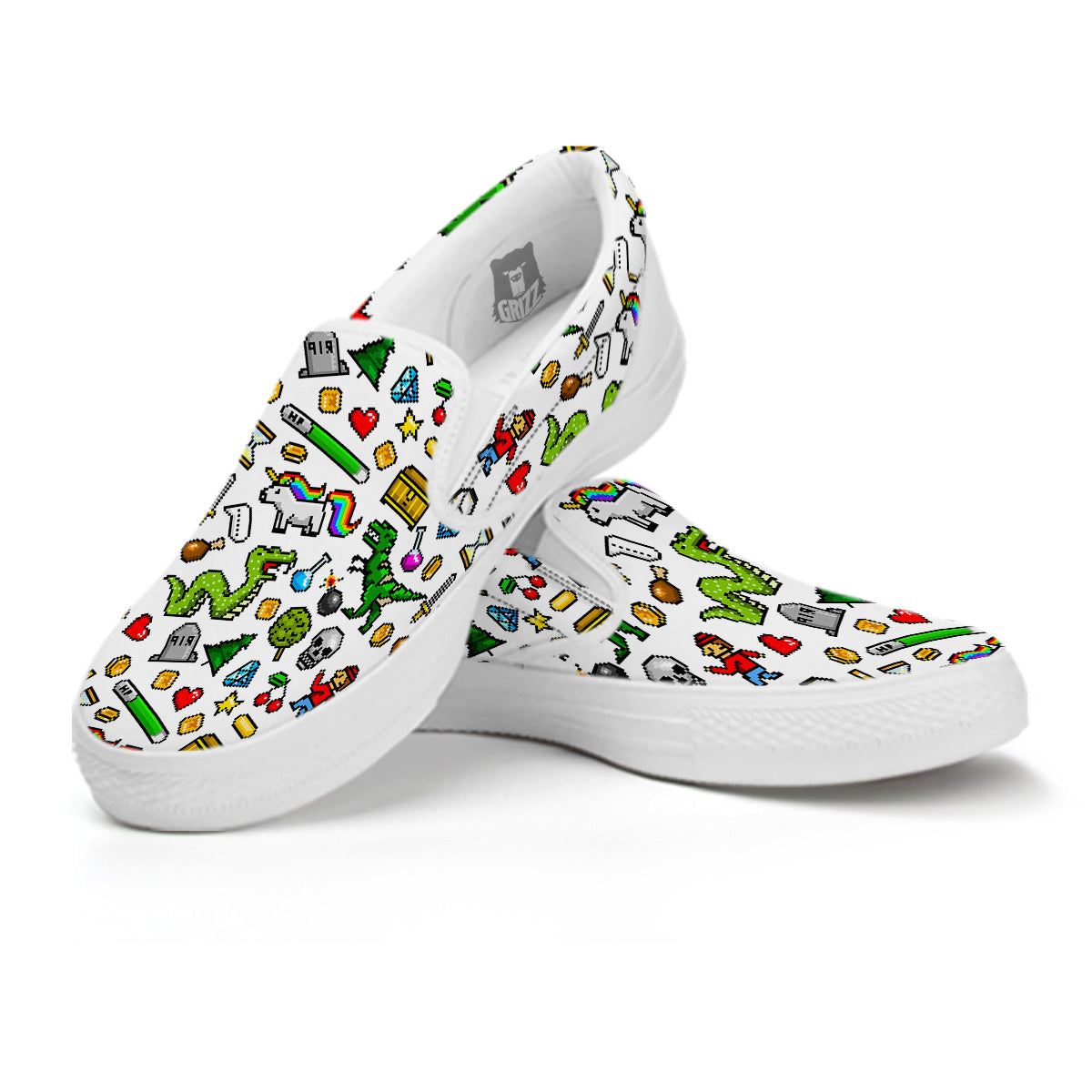 Pixel Art 8 Bit Retro Cartoon Print Pattern White Slip On Shoes-grizzshop