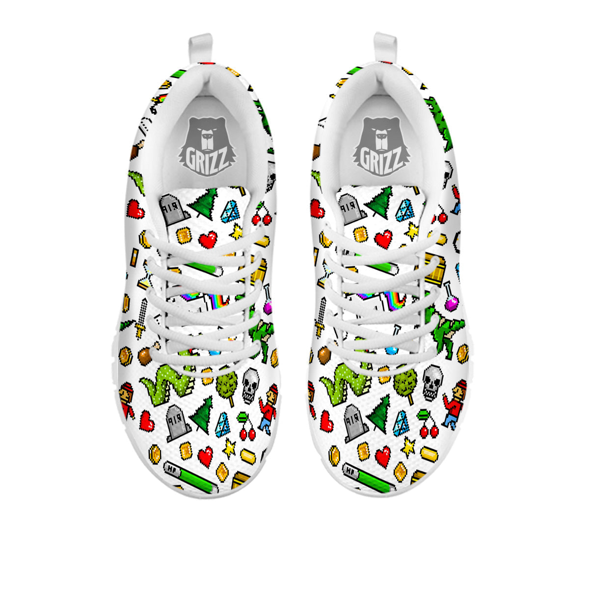 Pixel Art 8 Bit Retro Cartoon Print Pattern White Sneaker-grizzshop