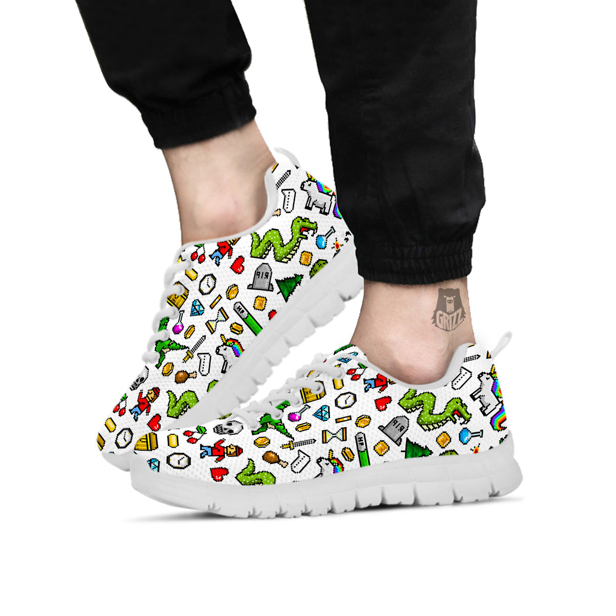 Pixel Art 8 Bit Retro Cartoon Print Pattern White Sneaker-grizzshop