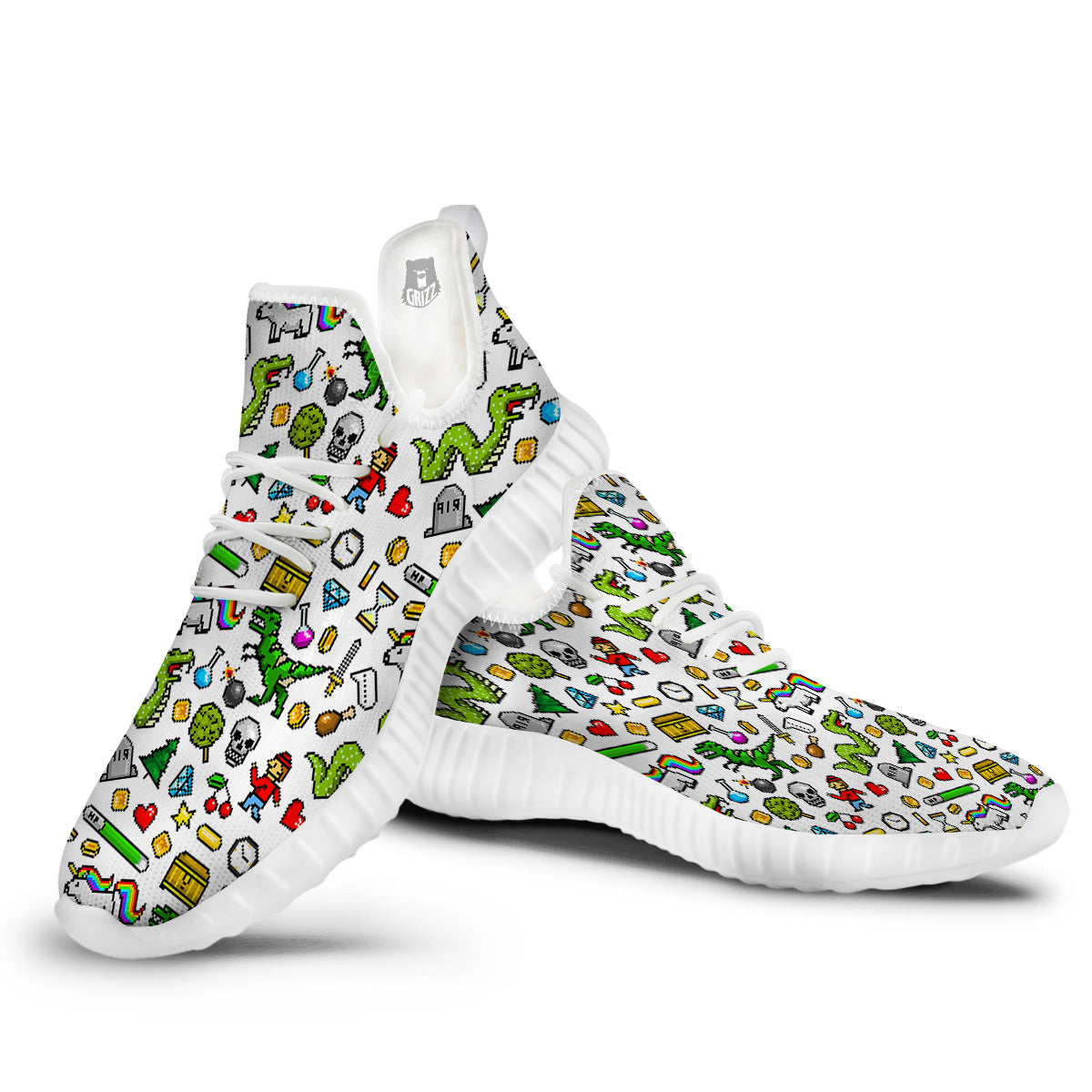 Pixel Art 8 Bit Retro Cartoon Print Pattern White Walking Shoes-grizzshop