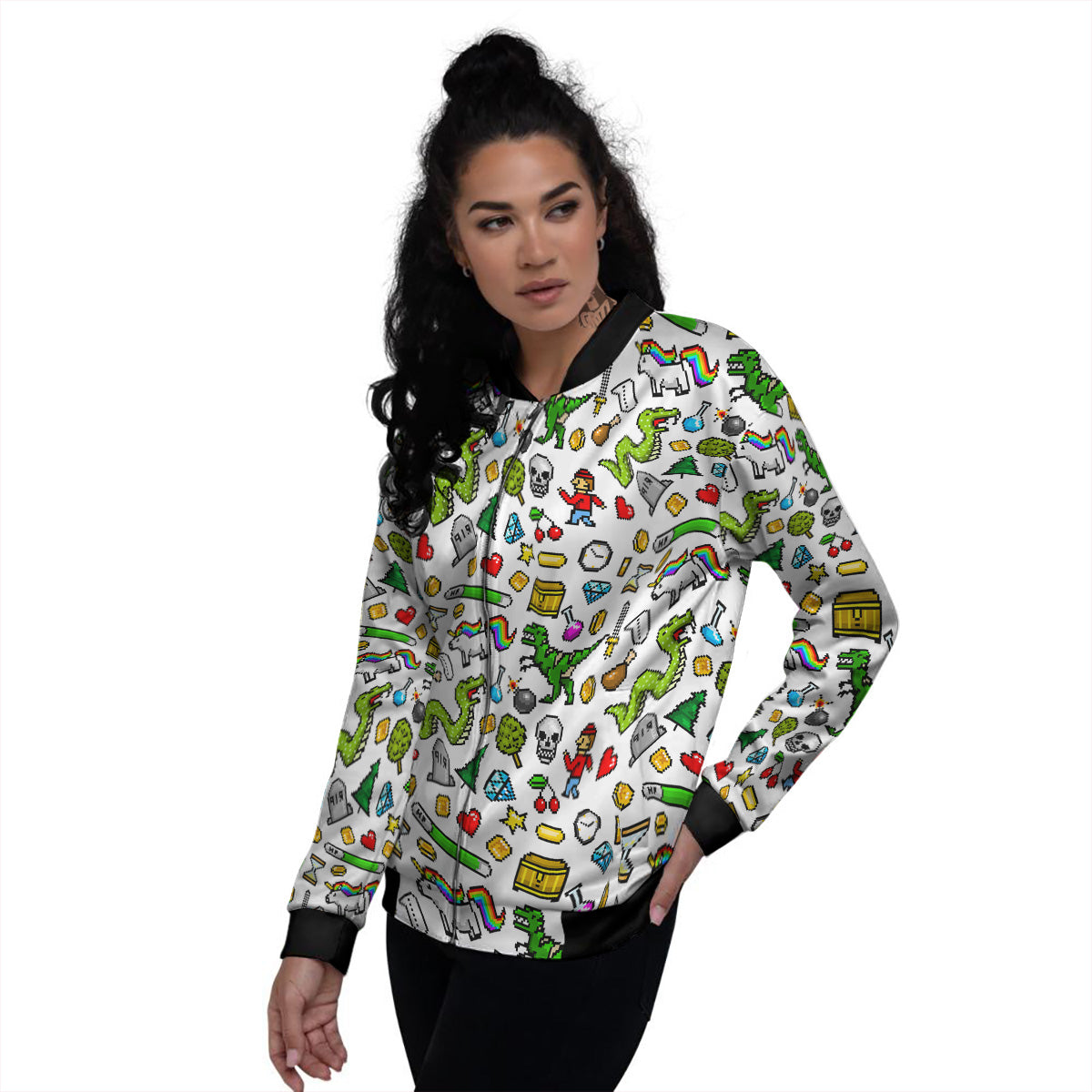 Pixel Art 8 Bit Retro Cartoon Print Pattern Women's Bomber Jacket-grizzshop