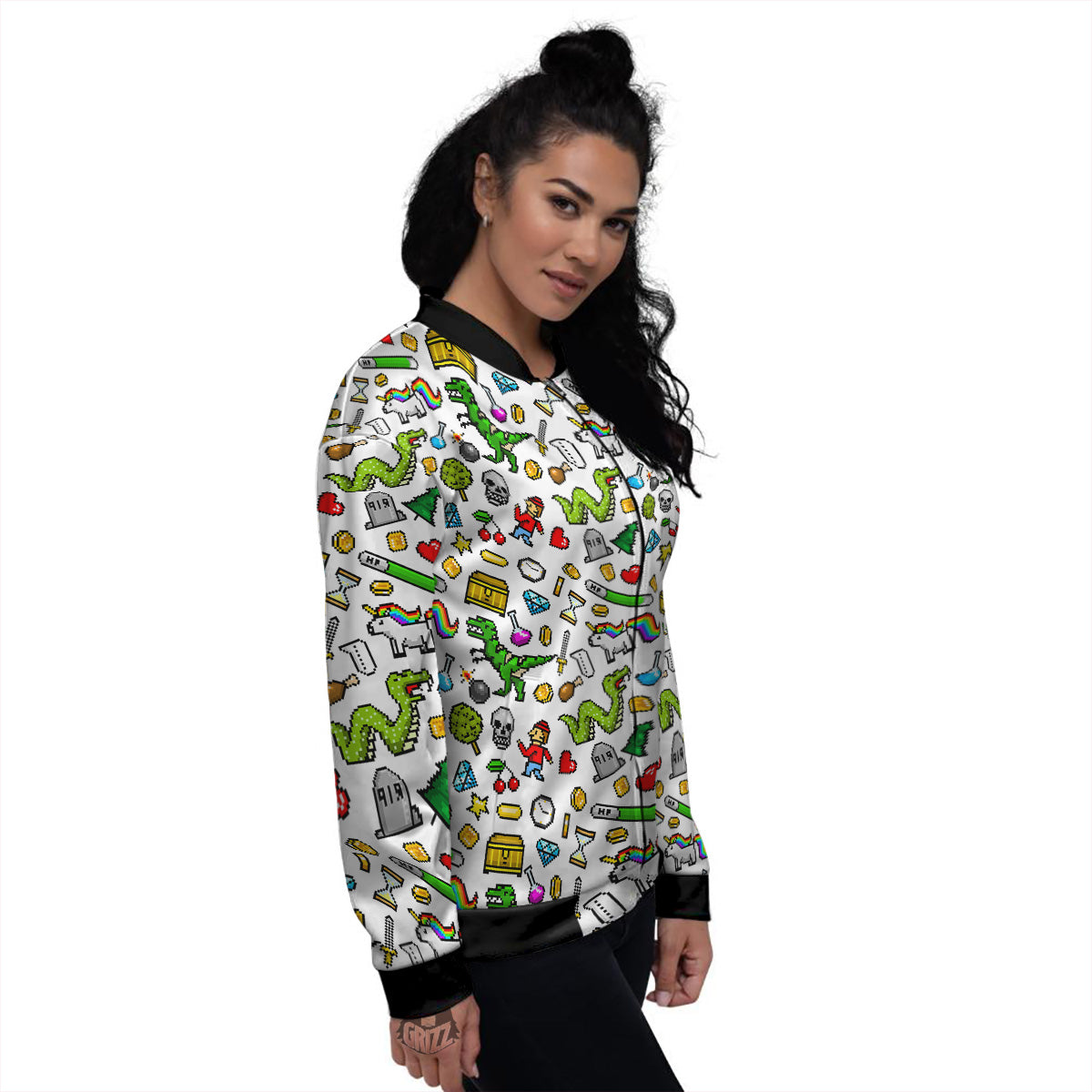 Pixel Art 8 Bit Retro Cartoon Print Pattern Women's Bomber Jacket-grizzshop