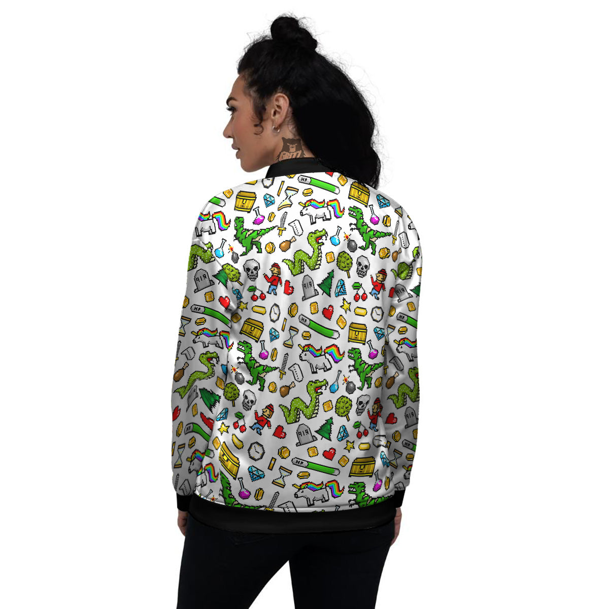Pixel Art 8 Bit Retro Cartoon Print Pattern Women's Bomber Jacket-grizzshop