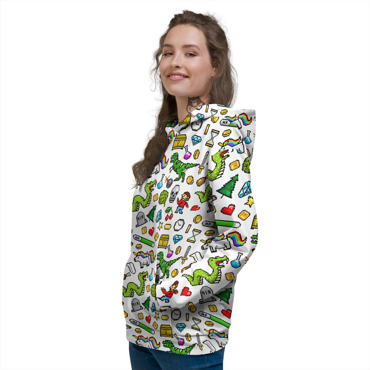 Pixel Art 8 Bit Retro Cartoon Print Pattern Women's Hoodie-grizzshop