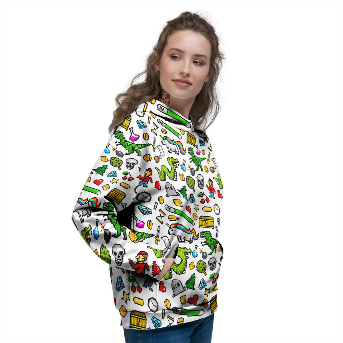 Pixel Art 8 Bit Retro Cartoon Print Pattern Women's Hoodie-grizzshop