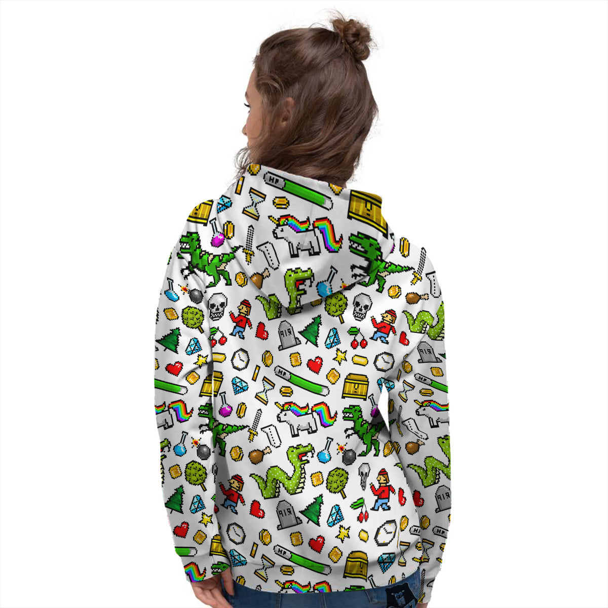 Pixel Art 8 Bit Retro Cartoon Print Pattern Women's Hoodie-grizzshop