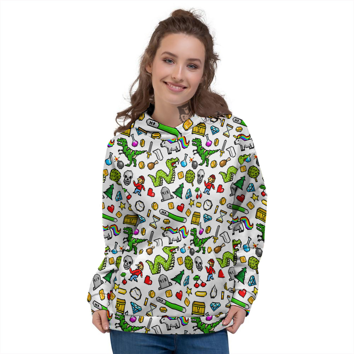 Pixel Art 8 Bit Retro Cartoon Print Pattern Women's Hoodie-grizzshop