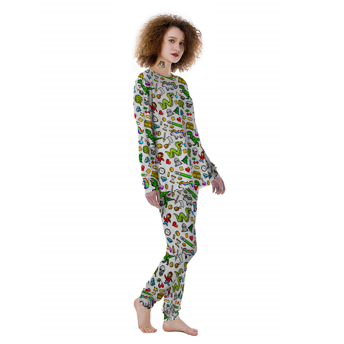 Pixel Art 8 Bit Retro Cartoon Print Pattern Women's Pajamas-grizzshop