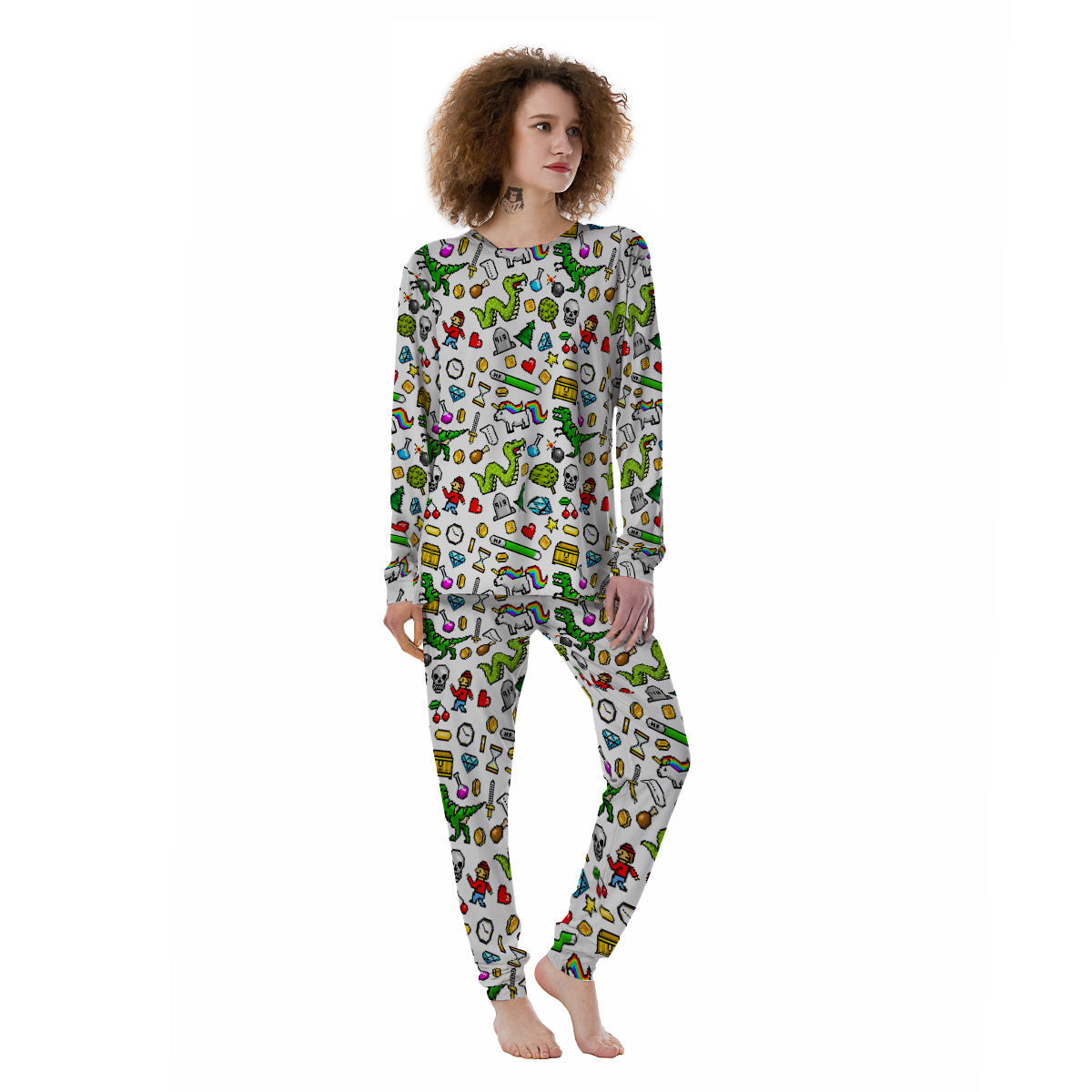 Pixel Art 8 Bit Retro Cartoon Print Pattern Women's Pajamas-grizzshop