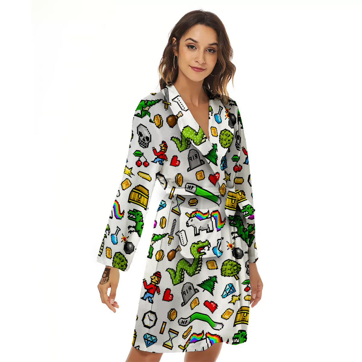 Pixel Art 8 Bit Retro Cartoon Print Pattern Women's Robe-grizzshop