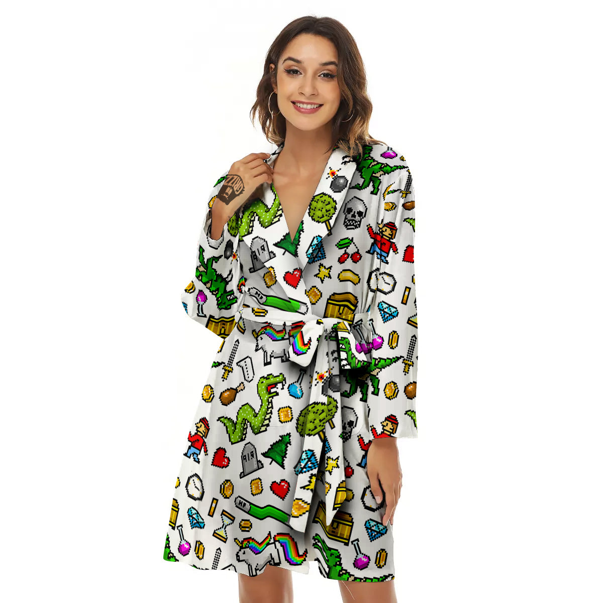 Pixel Art 8 Bit Retro Cartoon Print Pattern Women's Robe-grizzshop
