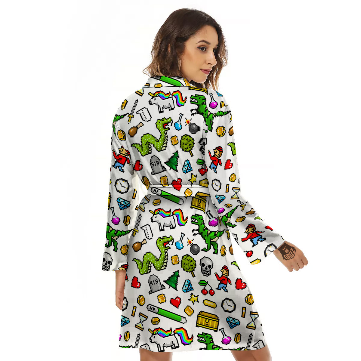 Pixel Art 8 Bit Retro Cartoon Print Pattern Women's Robe-grizzshop