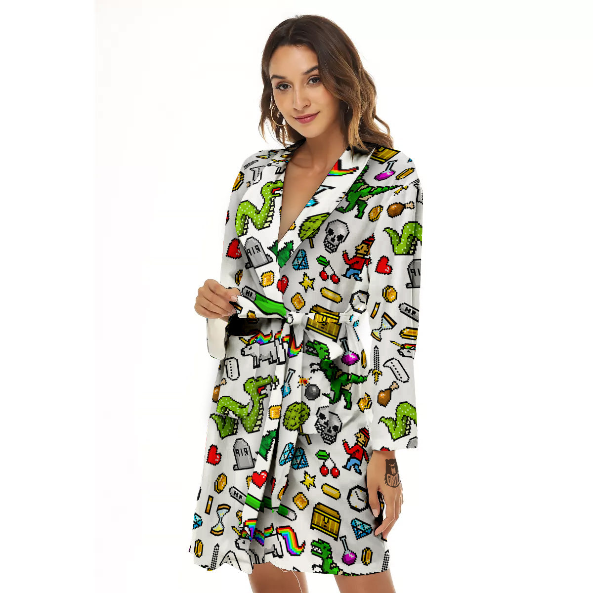 Pixel Art 8 Bit Retro Cartoon Print Pattern Women's Robe-grizzshop