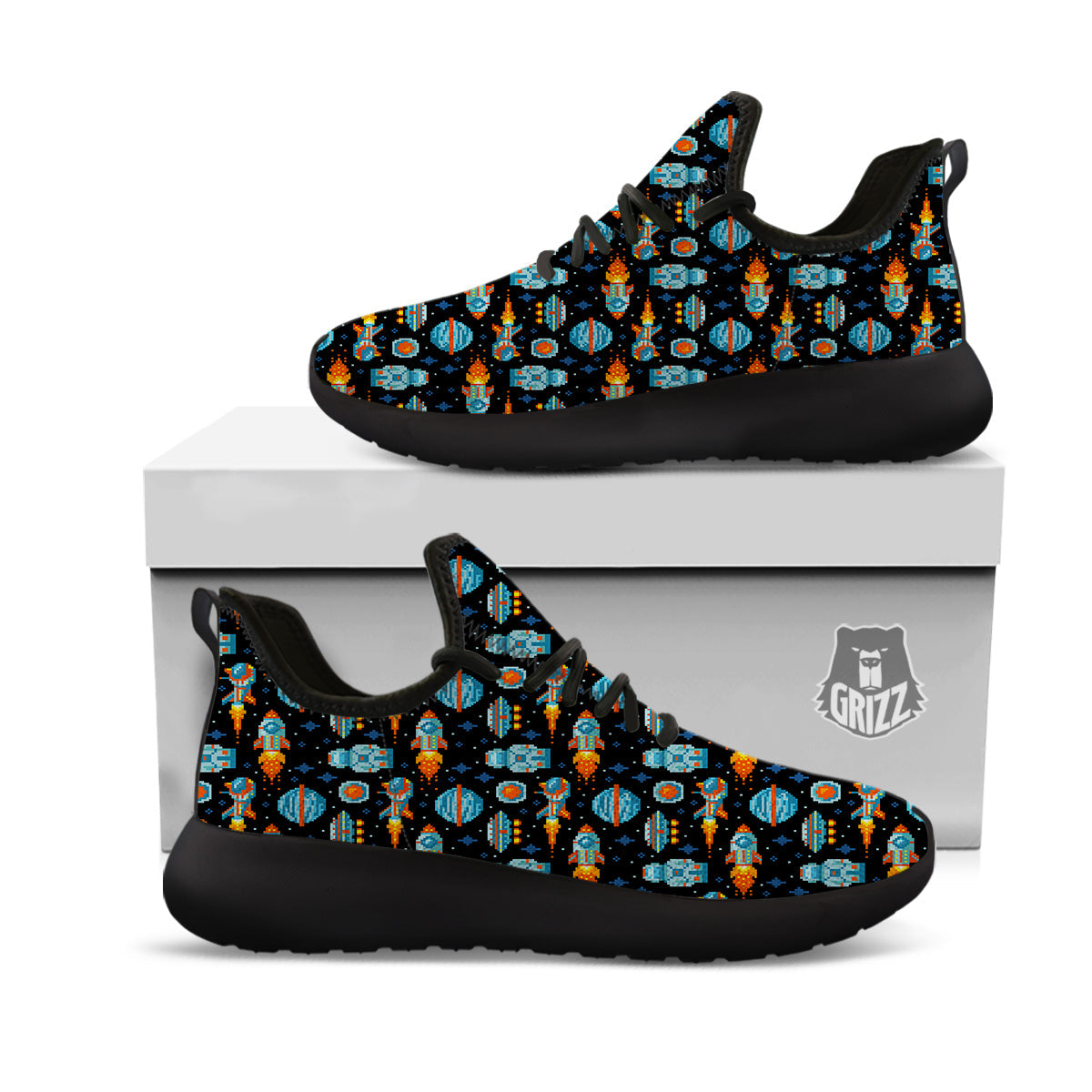 Pixel Art Space 8 Bit Print Pattern Black Athletic Shoes-grizzshop