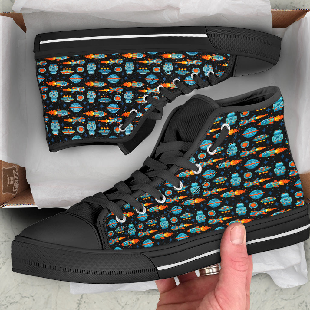 Pixel Art Space 8 Bit Print Pattern Black High Top Shoes-grizzshop