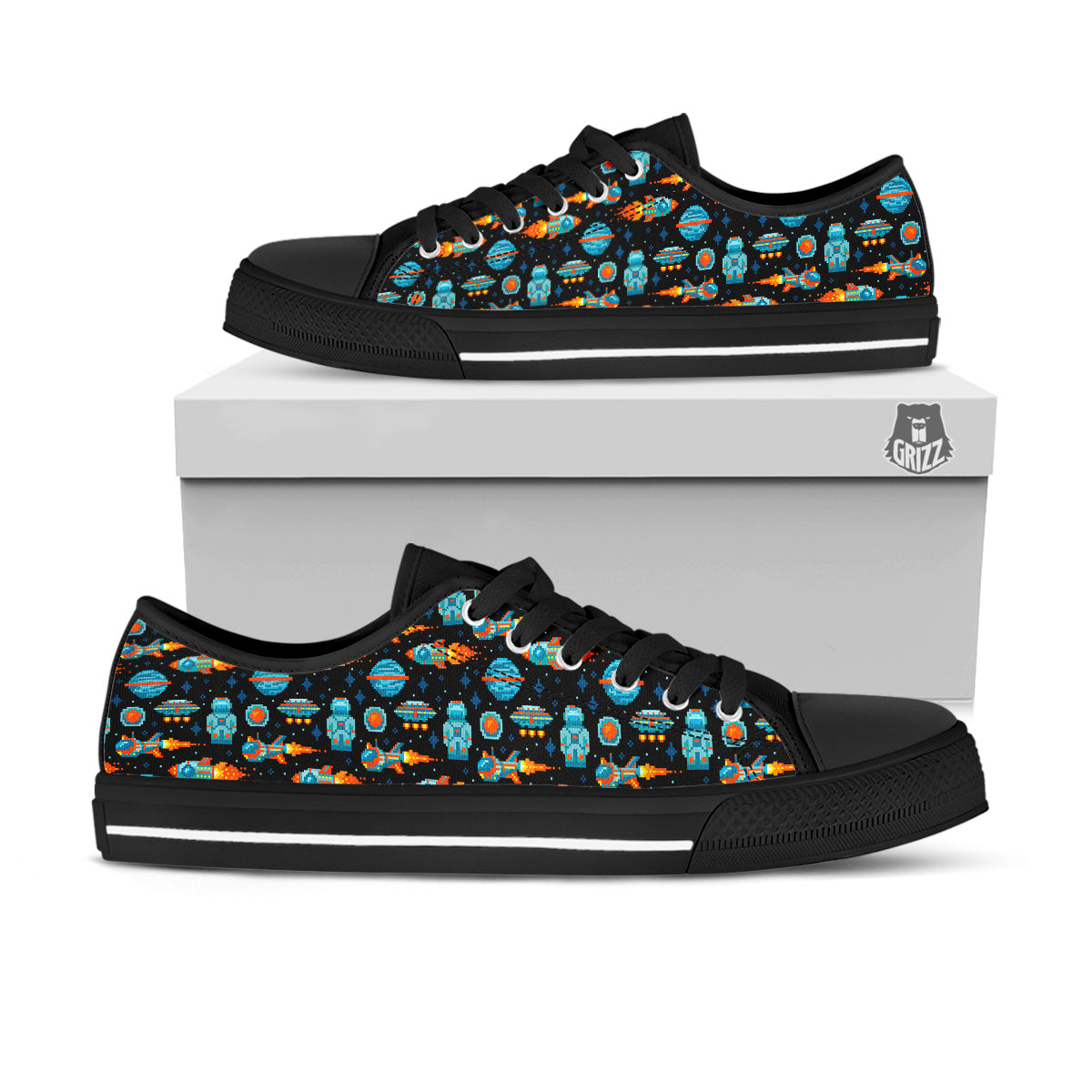 Pixel Art Space 8 Bit Print Pattern Black Low Top Shoes-grizzshop