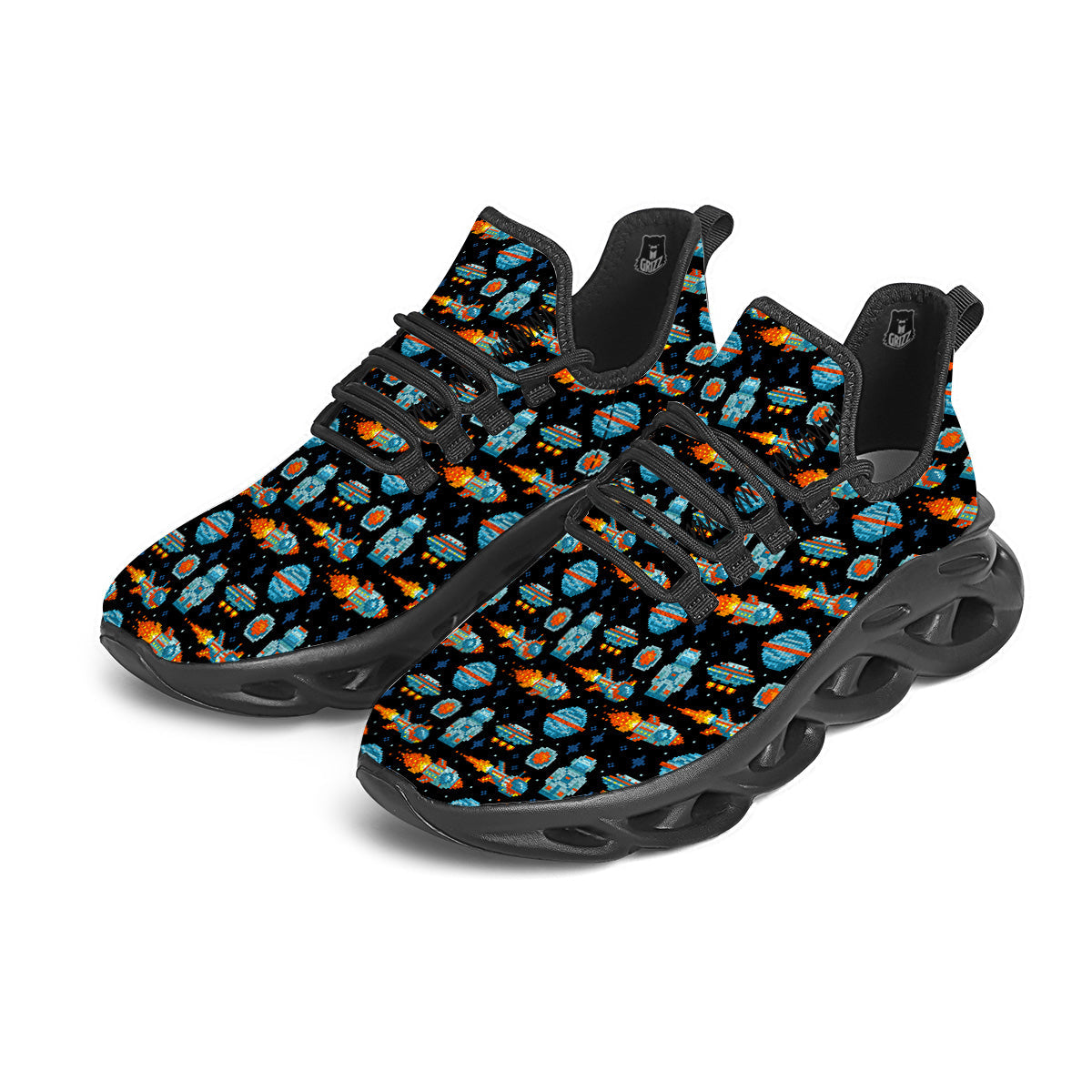 Pixel Art Space 8 Bit Print Pattern Black Running Shoes-grizzshop