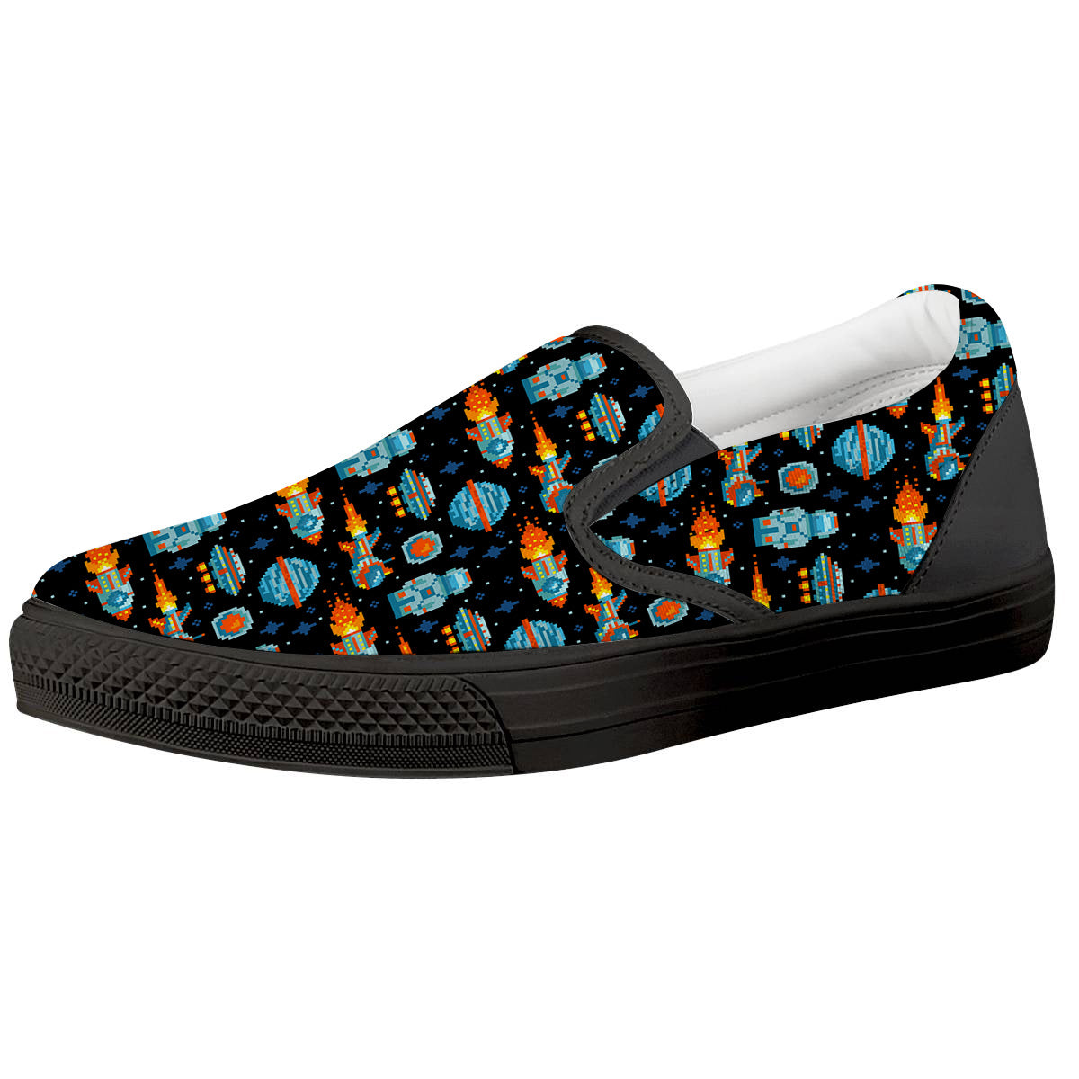 Pixel Art Space 8 Bit Print Pattern Black Slip On Shoes-grizzshop
