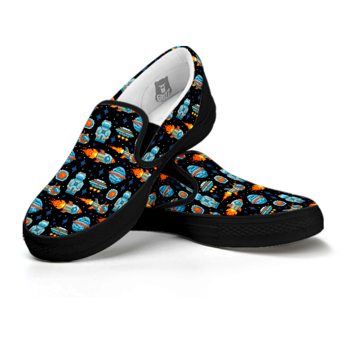Pixel Art Space 8 Bit Print Pattern Black Slip On Shoes-grizzshop
