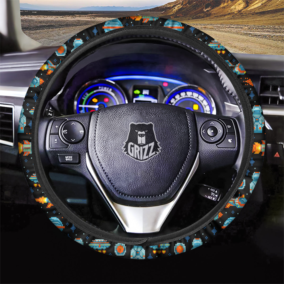 Pixel Art Space 8 Bit Print Pattern Car Steering Wheel Cover-grizzshop