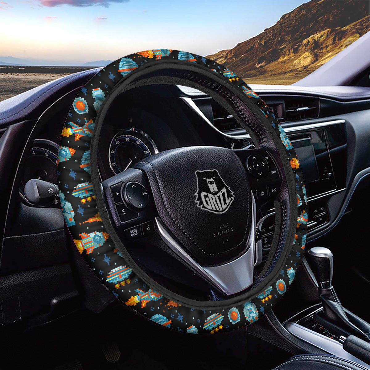 Pixel Art Space 8 Bit Print Pattern Car Steering Wheel Cover-grizzshop