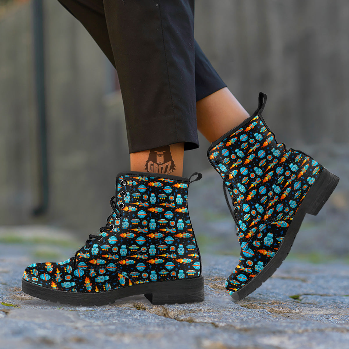 Pixel Art Space 8 Bit Print Pattern Leather Boots-grizzshop
