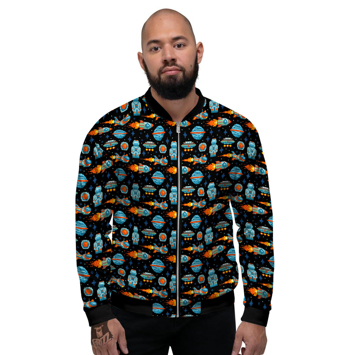 Pixel Art Space 8 Bit Print Pattern Men's Bomber Jacket-grizzshop