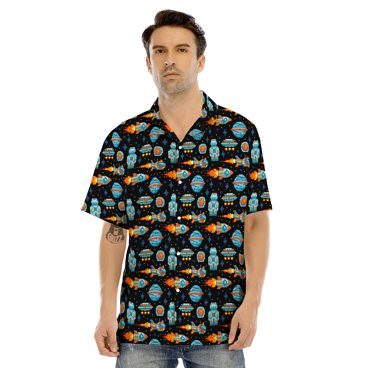 Pixel Art Space 8 Bit Print Pattern Men's Hawaiian Shirt-grizzshop