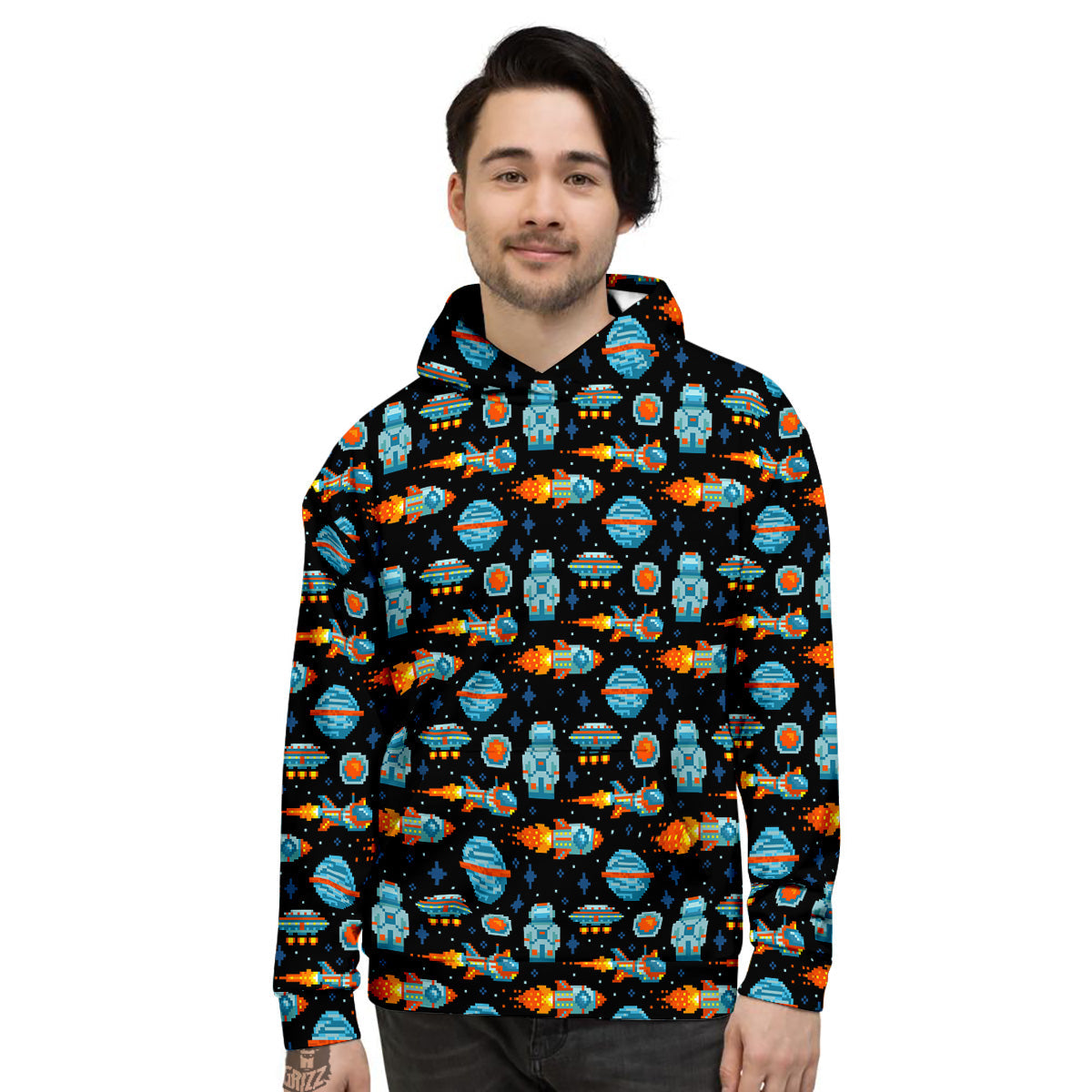 Pixel Art Space 8 Bit Print Pattern Men's Hoodie-grizzshop