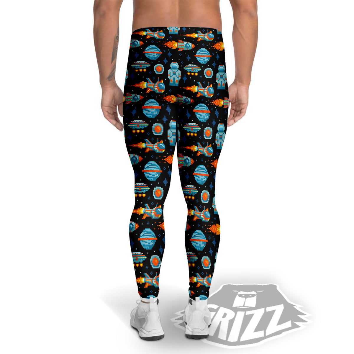 Pixel Art Space 8 Bit Print Pattern Men's Leggings-grizzshop