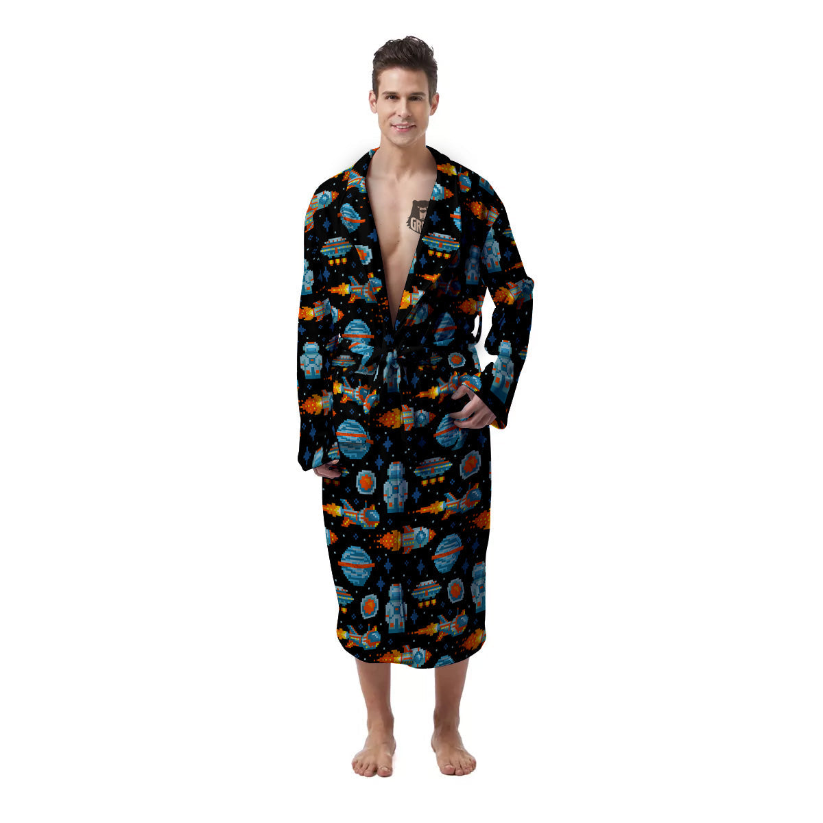 Pixel Art Space 8 Bit Print Pattern Men's Robe-grizzshop