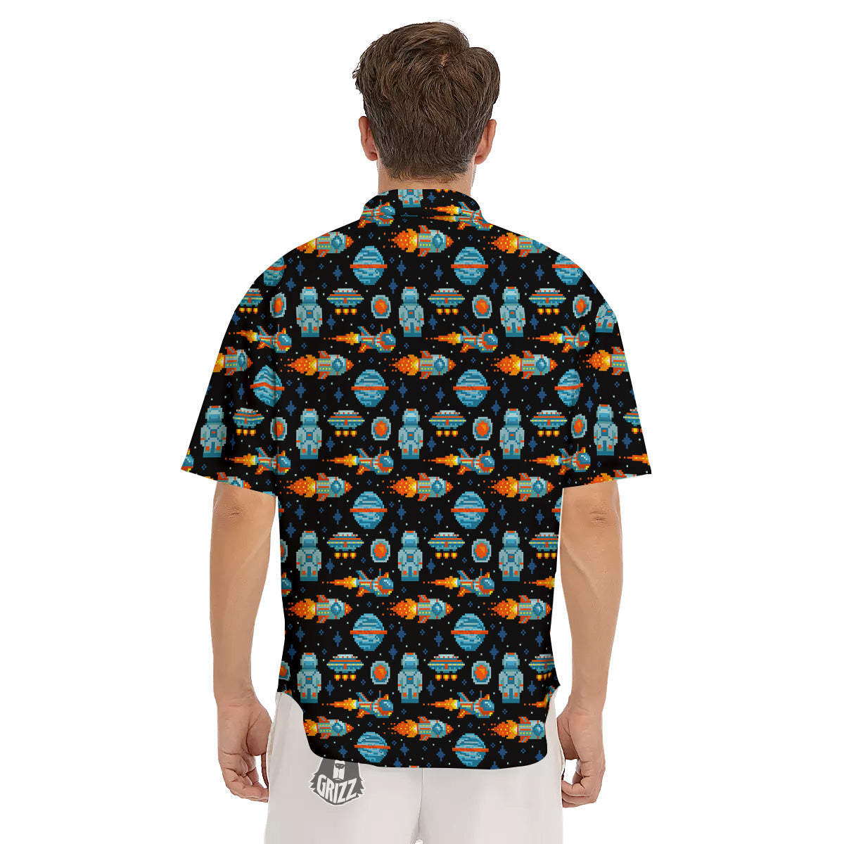 Pixel Art Space 8 Bit Print Pattern Men's Short Sleeve Shirts-grizzshop