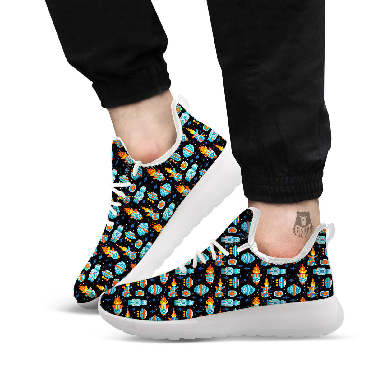 Pixel Art Space 8 Bit Print Pattern White Athletic Shoes-grizzshop