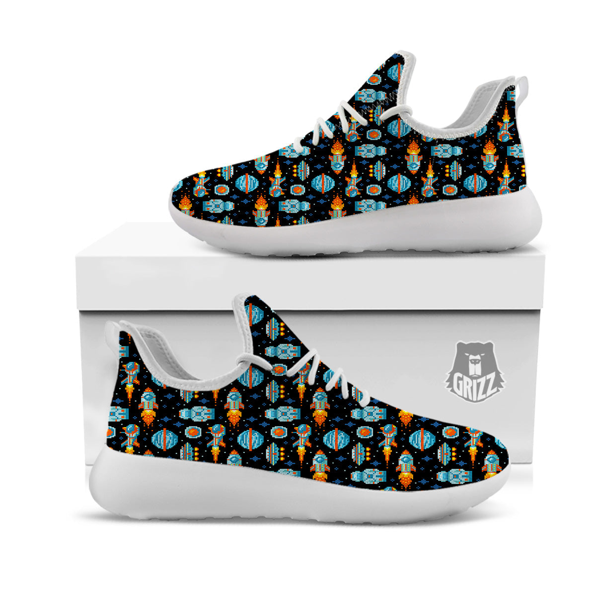 Pixel Art Space 8 Bit Print Pattern White Athletic Shoes-grizzshop