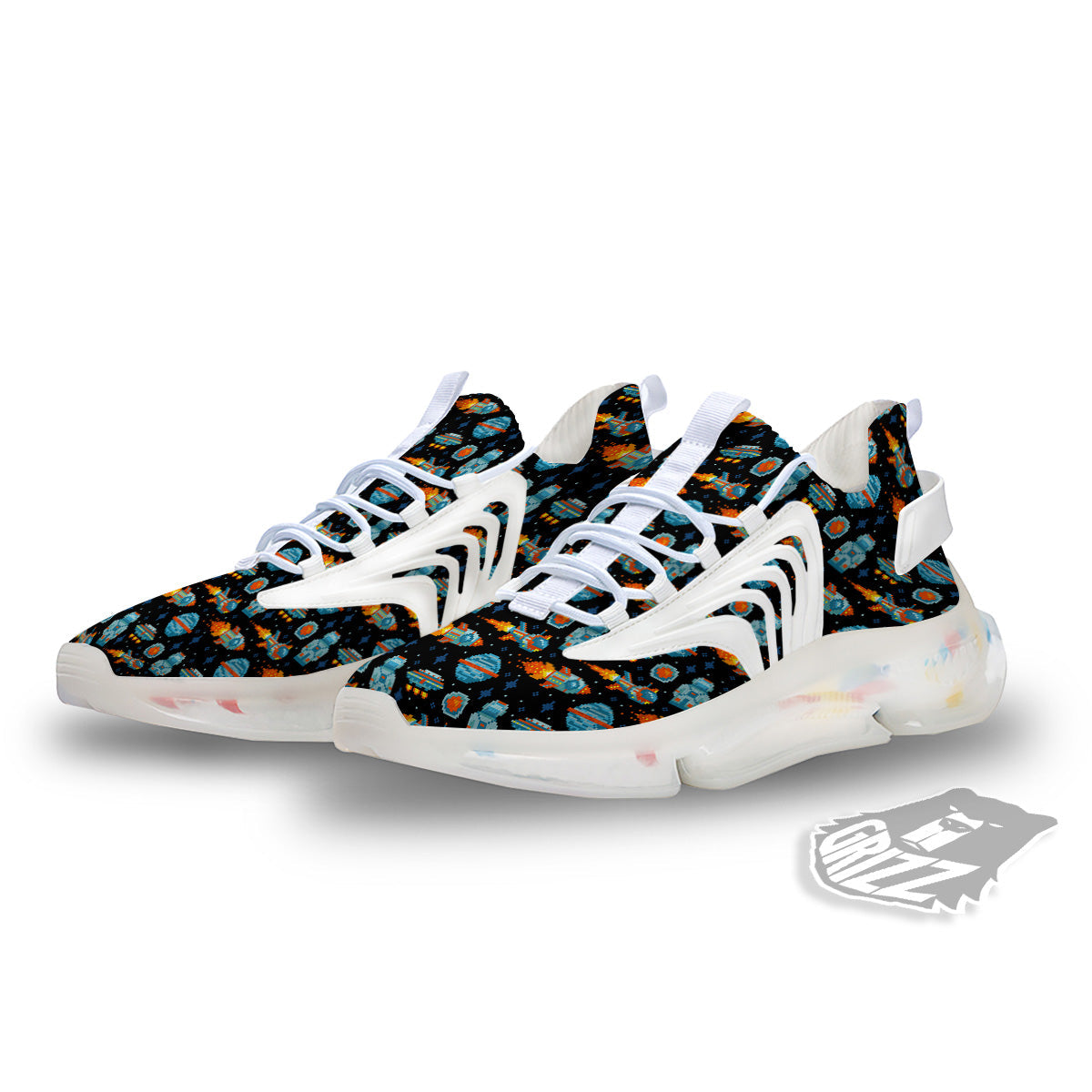 Pixel Art Space 8 Bit Print Pattern White Gym Shoes-grizzshop