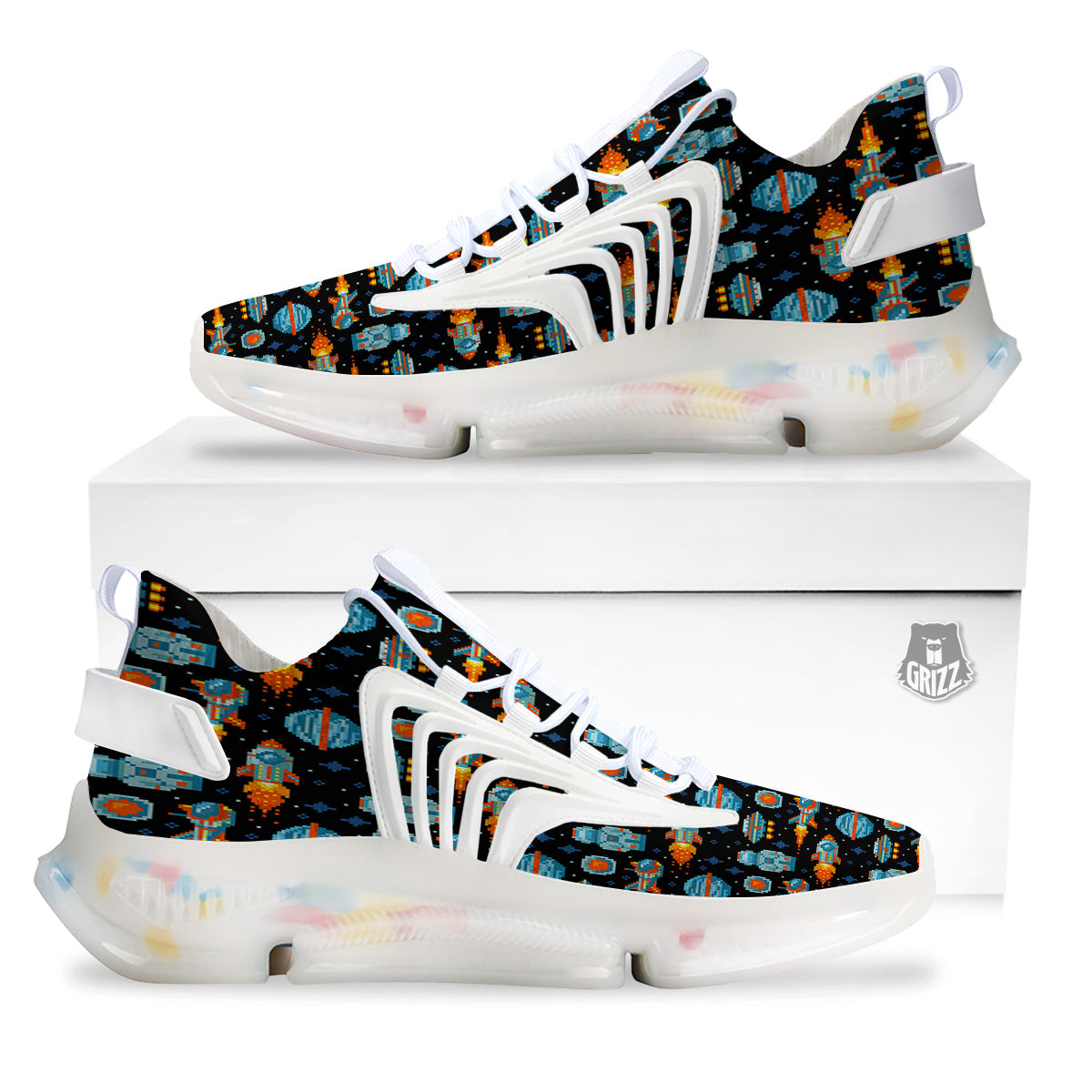 Pixel Art Space 8 Bit Print Pattern White Gym Shoes-grizzshop