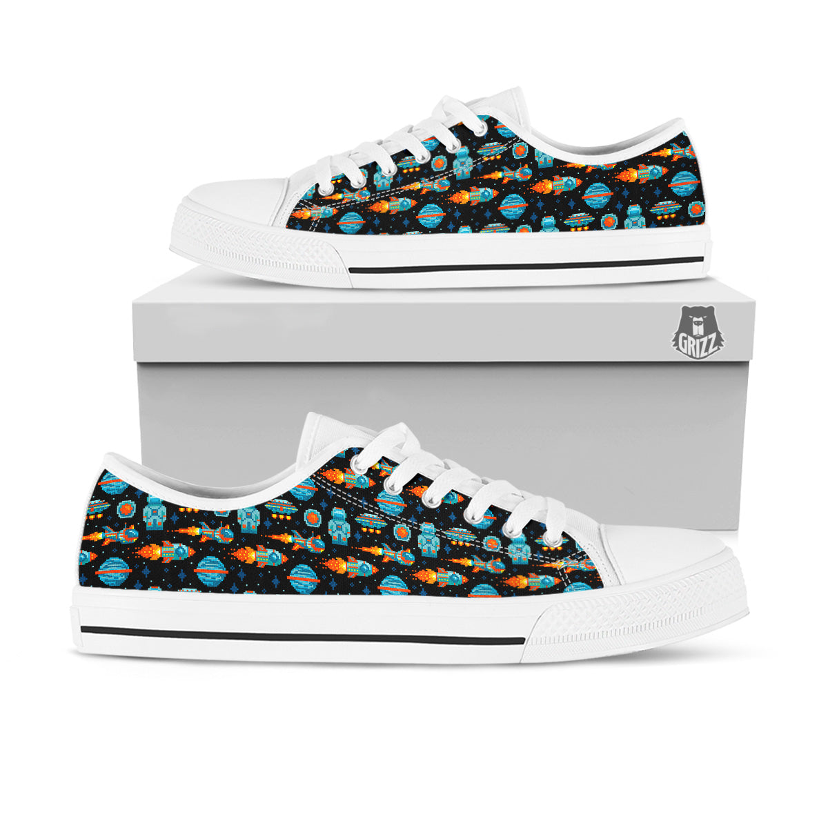 Pixel Art Space 8 Bit Print Pattern White Low Top Shoes-grizzshop