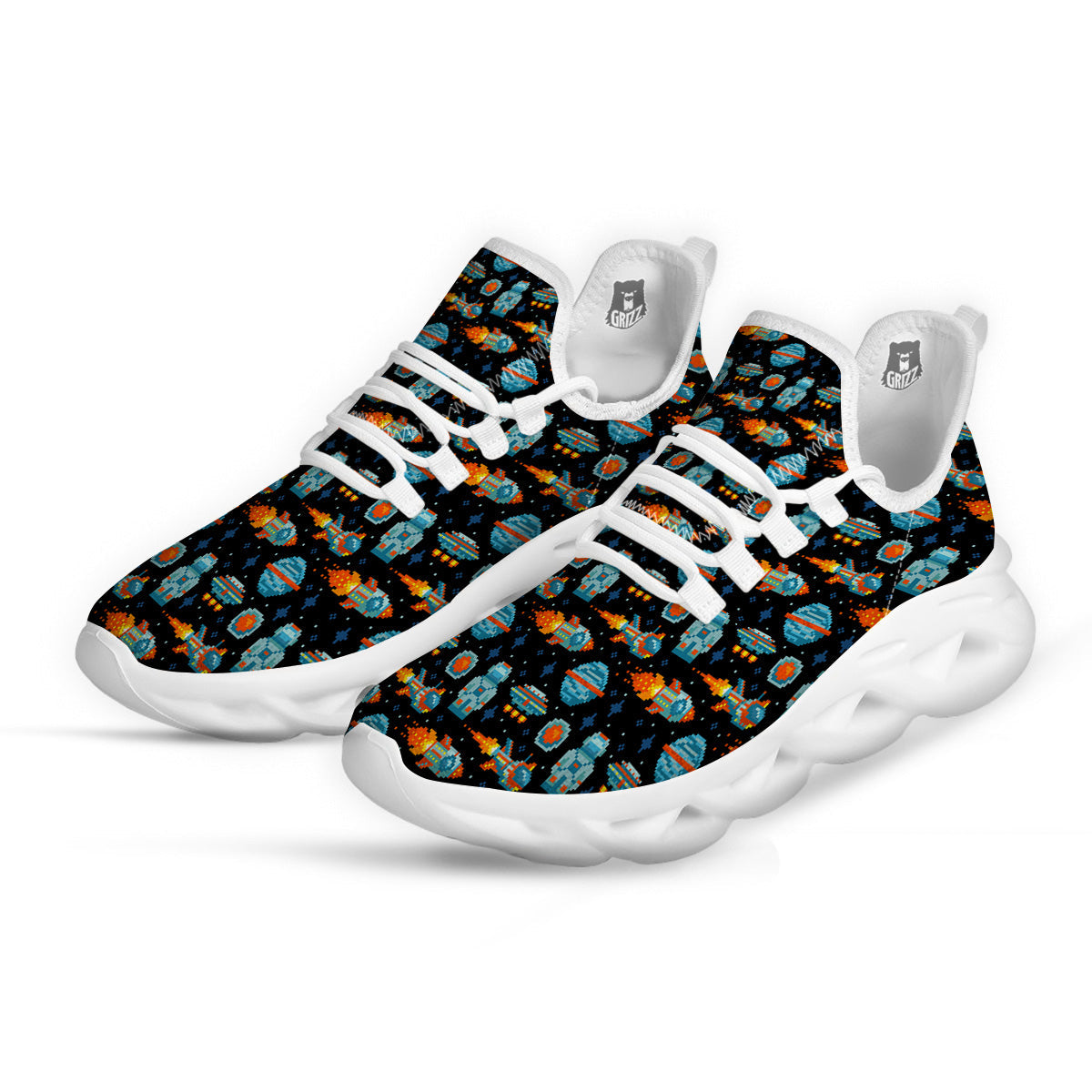 Pixel Art Space 8 Bit Print Pattern White Running Shoes-grizzshop