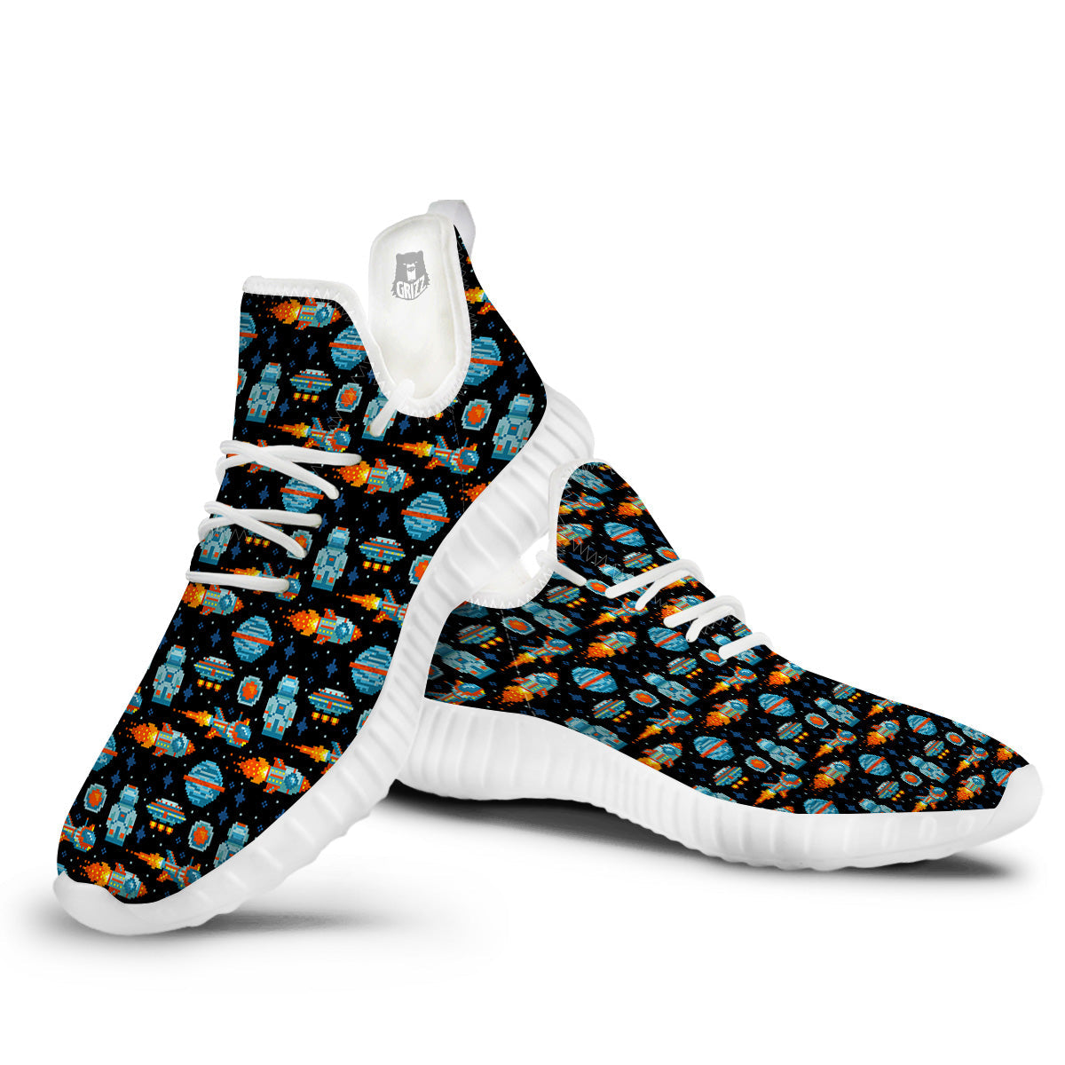 Pixel Art Space 8 Bit Print Pattern White Walking Shoes-grizzshop