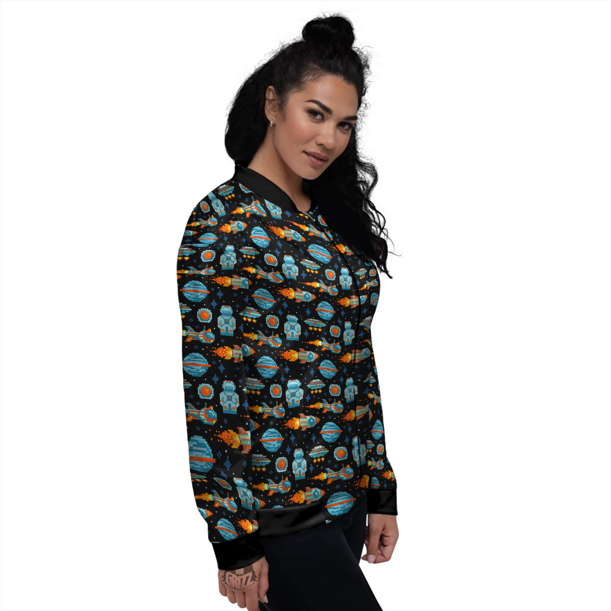 Pixel Art Space 8 Bit Print Pattern Women's Bomber Jacket-grizzshop