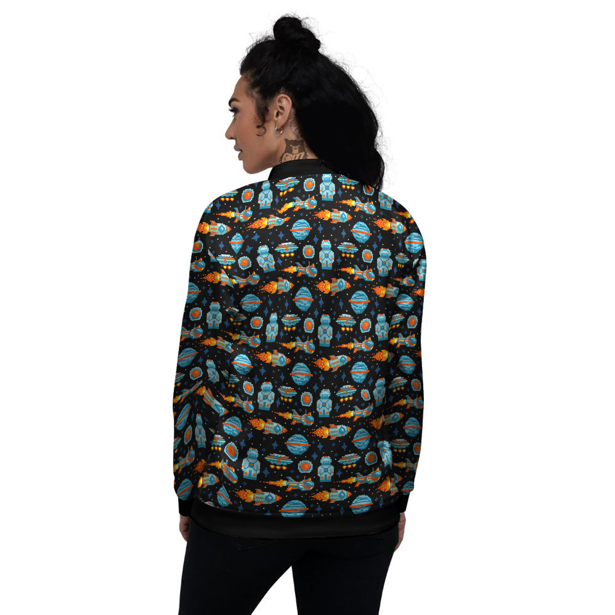 Pixel Art Space 8 Bit Print Pattern Women's Bomber Jacket-grizzshop