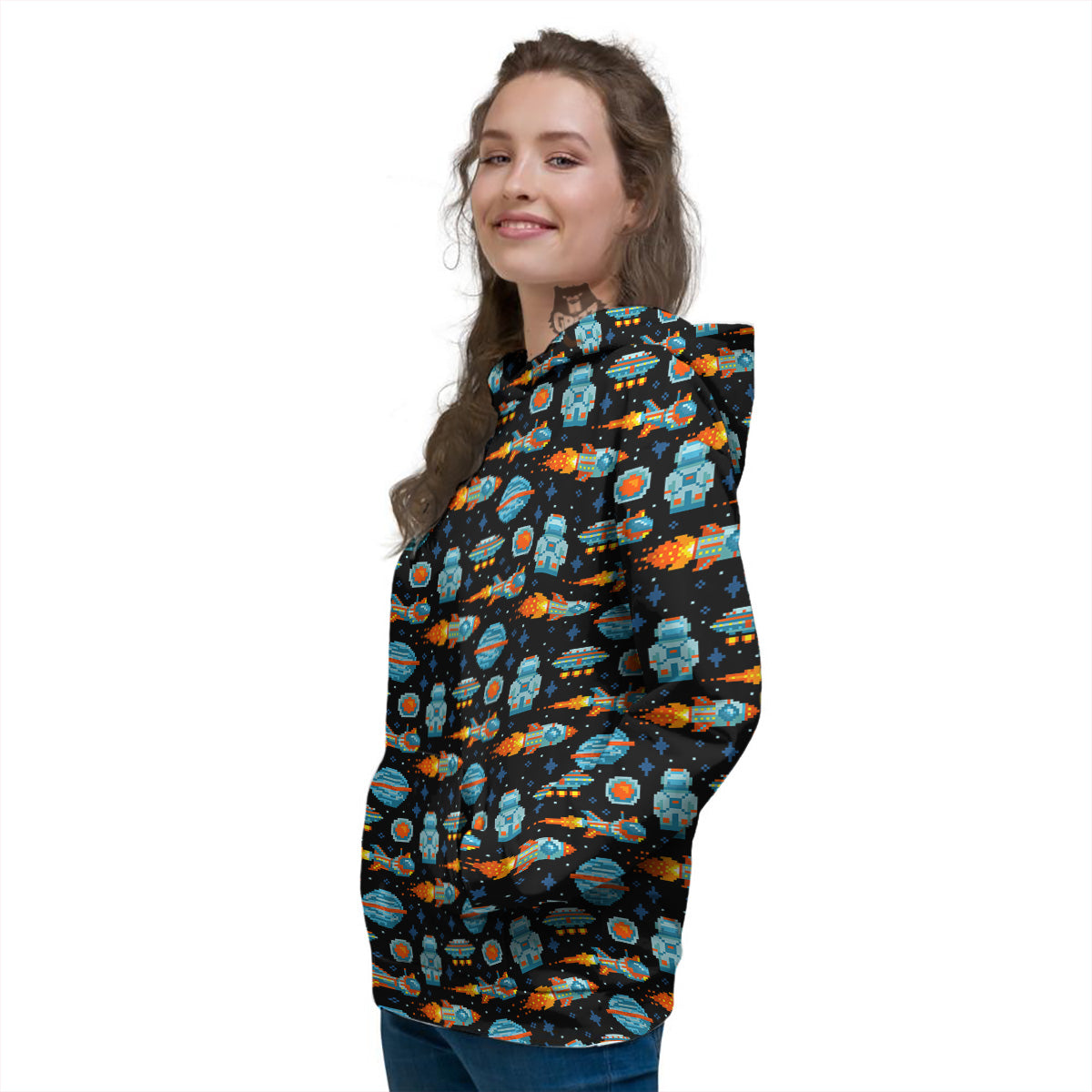 Pixel Art Space 8 Bit Print Pattern Women's Hoodie-grizzshop