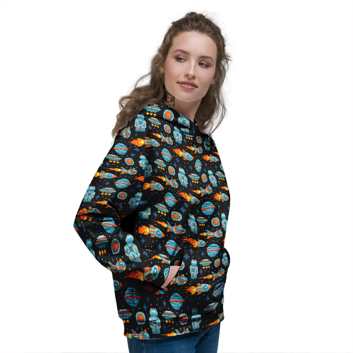 Pixel Art Space 8 Bit Print Pattern Women's Hoodie-grizzshop
