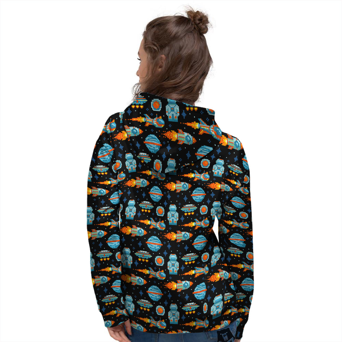 Pixel Art Space 8 Bit Print Pattern Women's Hoodie-grizzshop