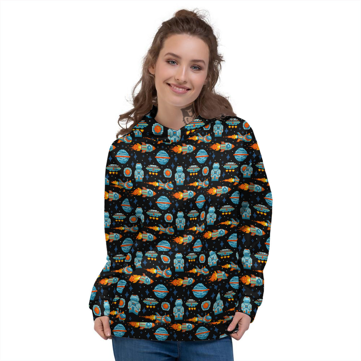 Pixel Art Space 8 Bit Print Pattern Women's Hoodie-grizzshop