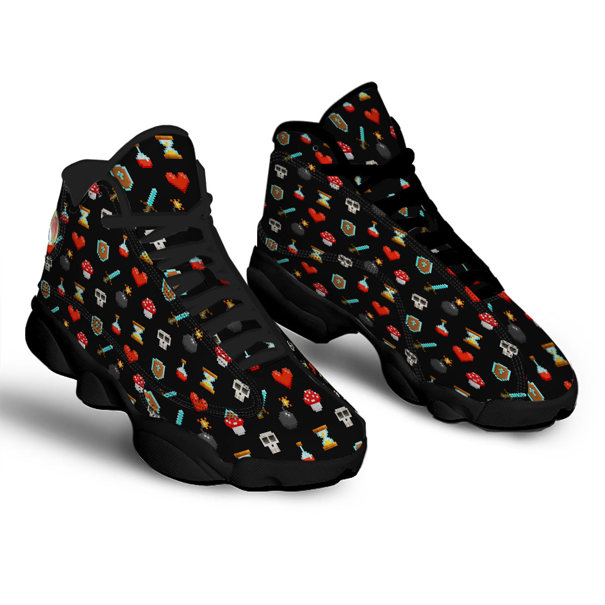 Pixel Graphics Game Icons Print Pattern Black Basketball Shoes-grizzshop